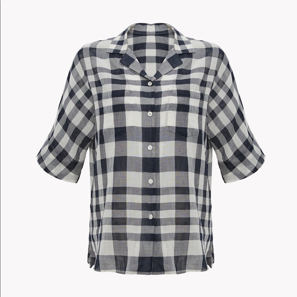 NWOT Theory cotton plaid camp shirt, navy plaid size L